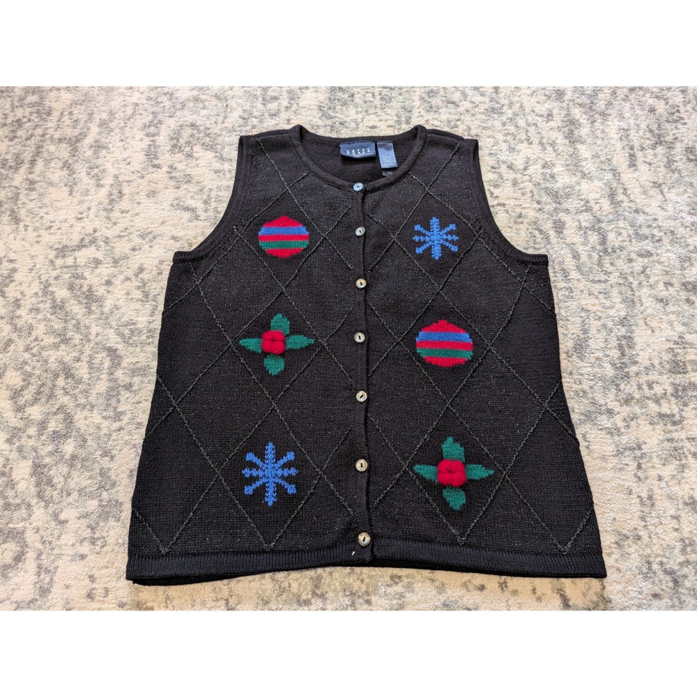 Crazy Horse Black Holiday Knit Sweater Vest Christmas Ornament Button Up Medium
